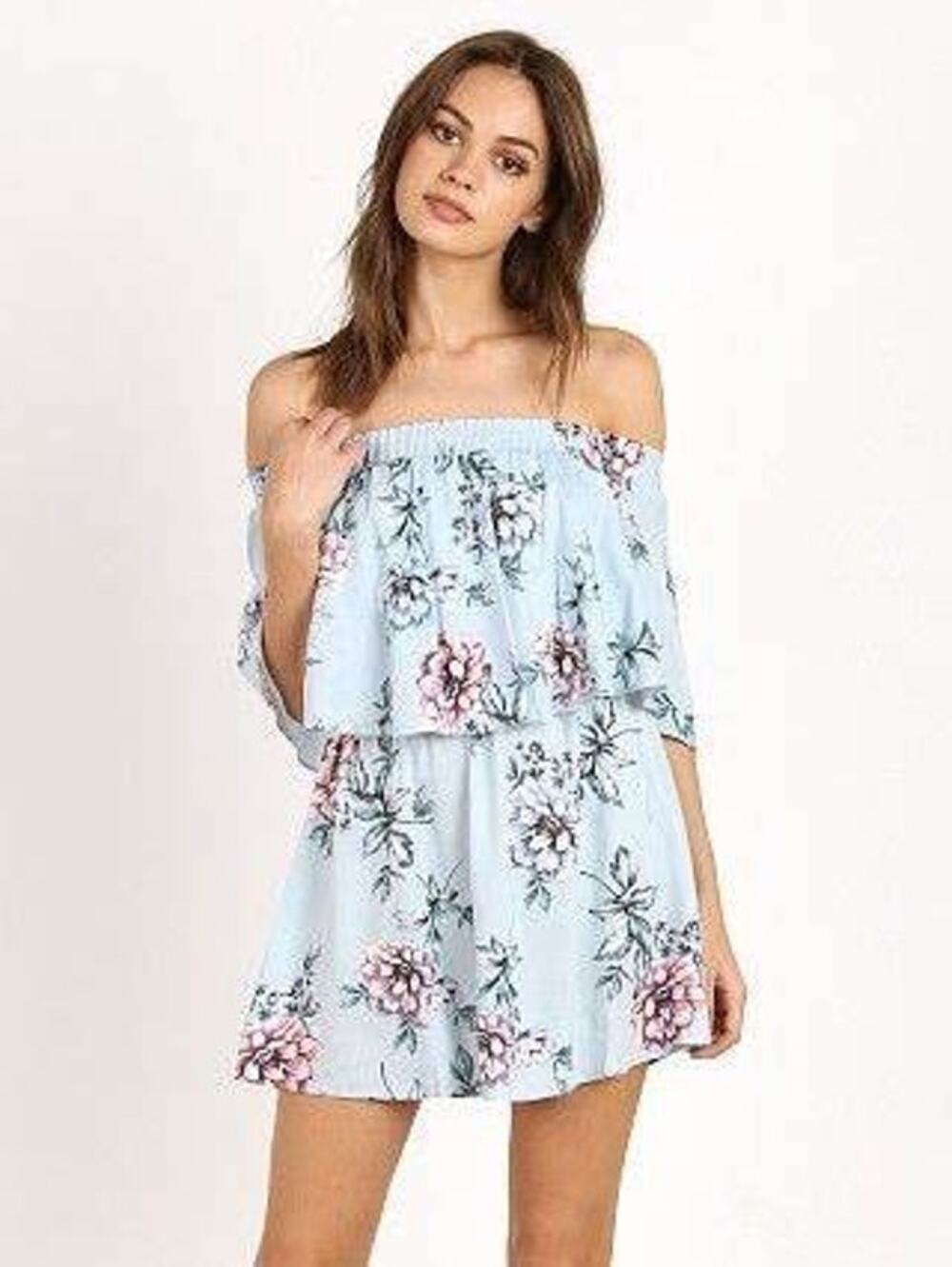 Show Me Your MuMu Casita Blue Wildflower Breeze Floral Off Shoulder Mini Dress M